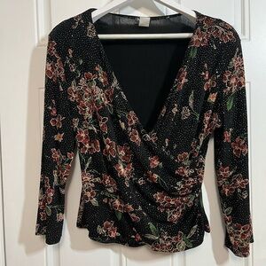 MSK Black Floral Wrap Blouse Sparkly XL